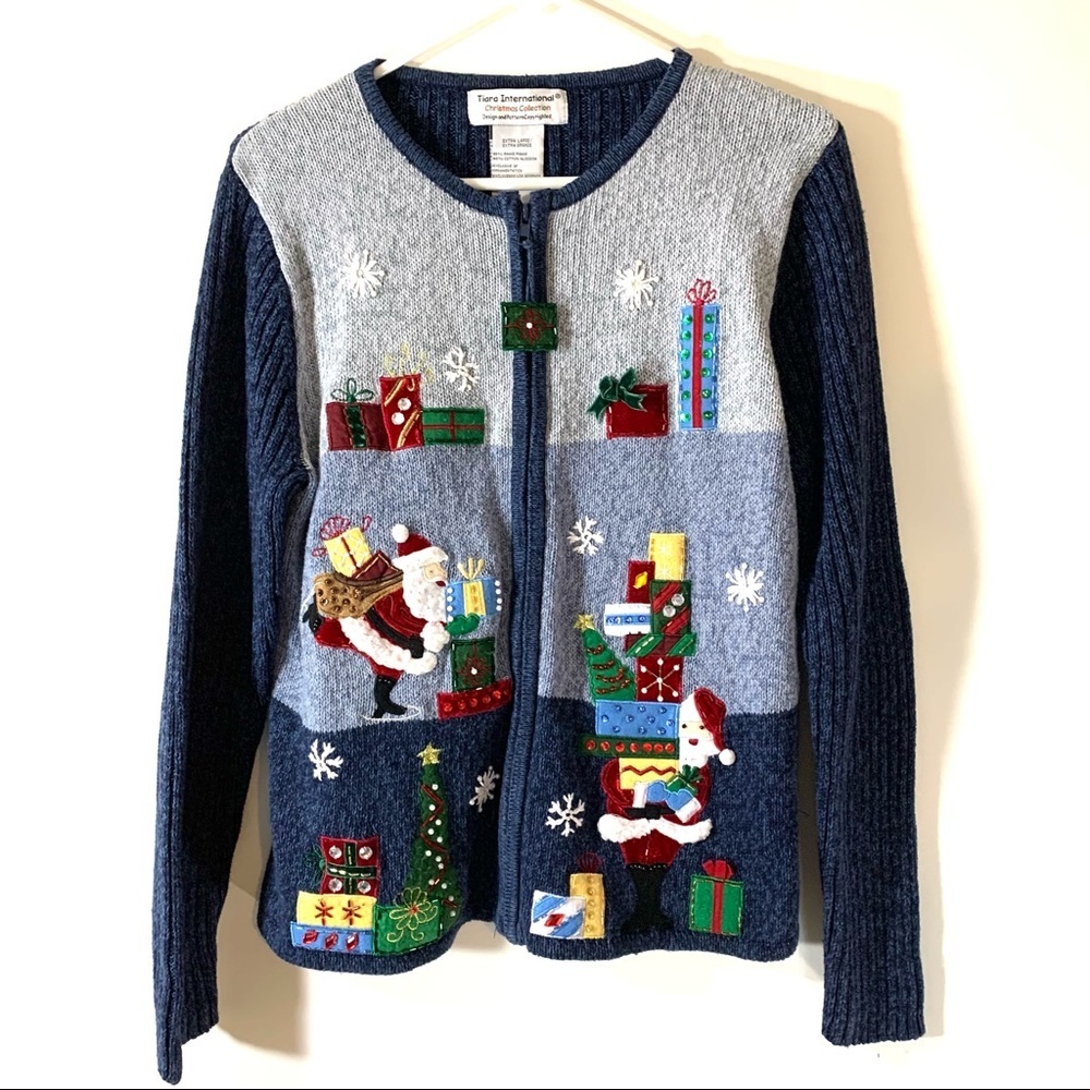 Tiara Christmas Sweater Santa and Presents Zip Cardigan